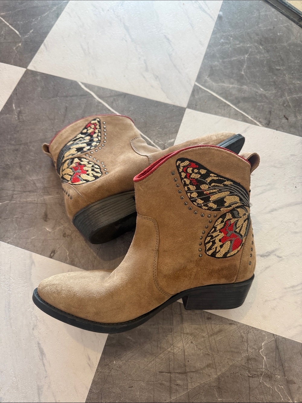 Laredo Suede Western Ankle Boots with Embroidered Butterfly Detail - Tan